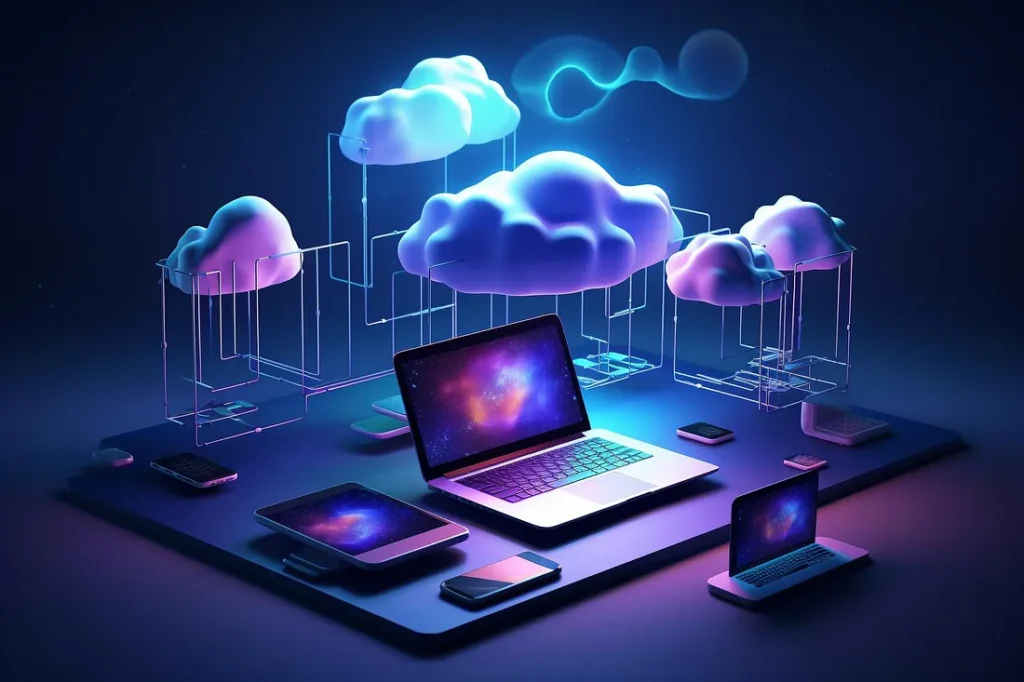 Illustration of AI-powered cloud backup system connected across multiple devices, representing modern data storage and disaster recovery solutions in 2025.