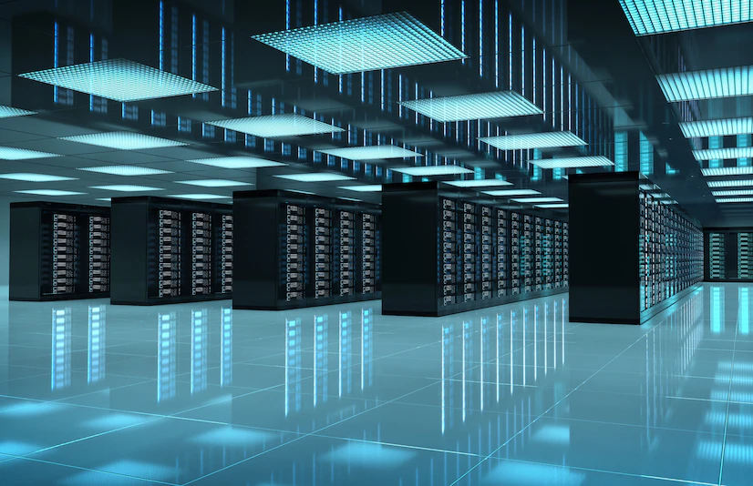 Server racks in a secure colocation facility representing scalable infrastructure for businesses