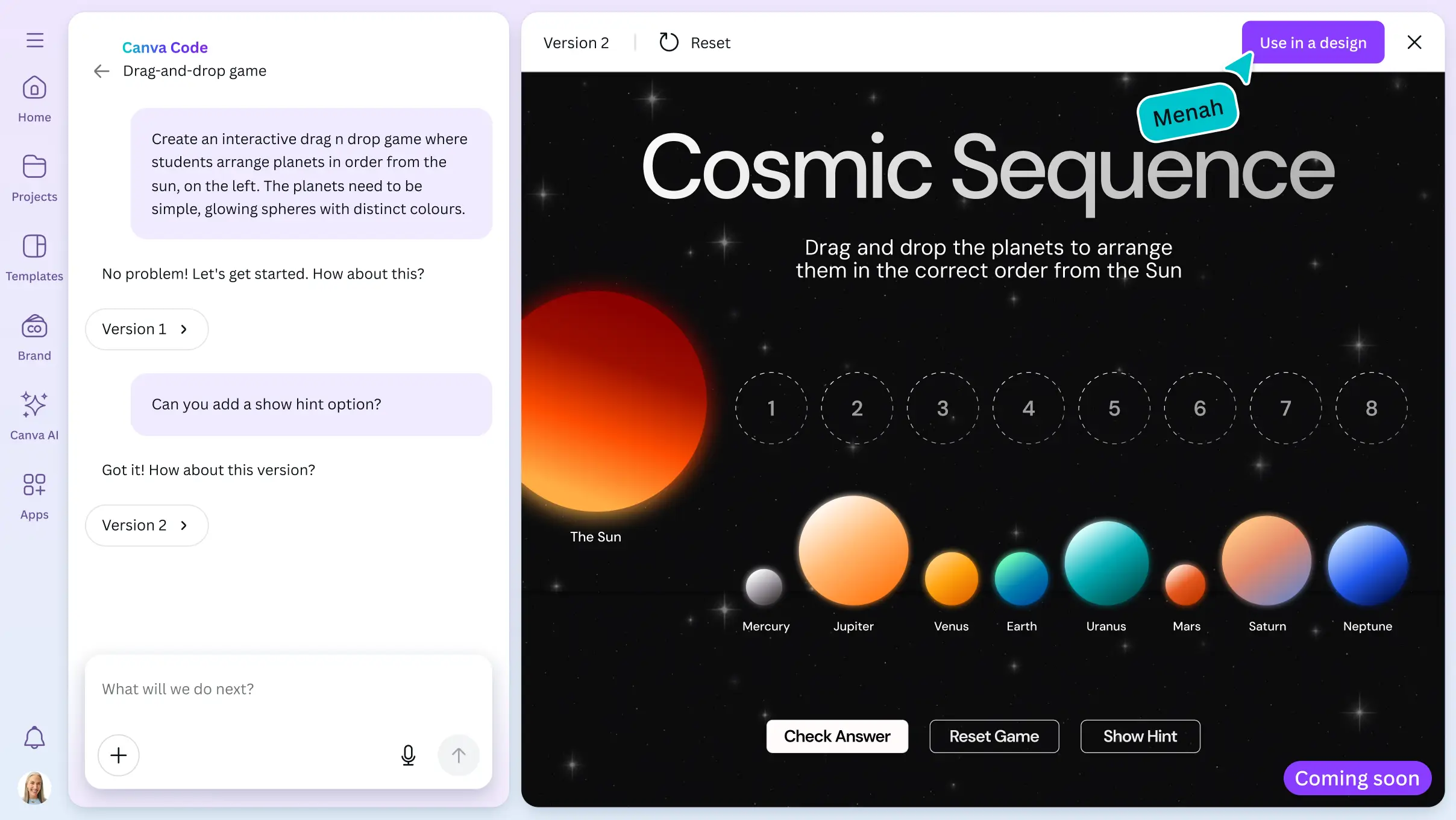 Screenshot of Canva Code interface for building no-code websites and apps using AI and drag-and-drop tools