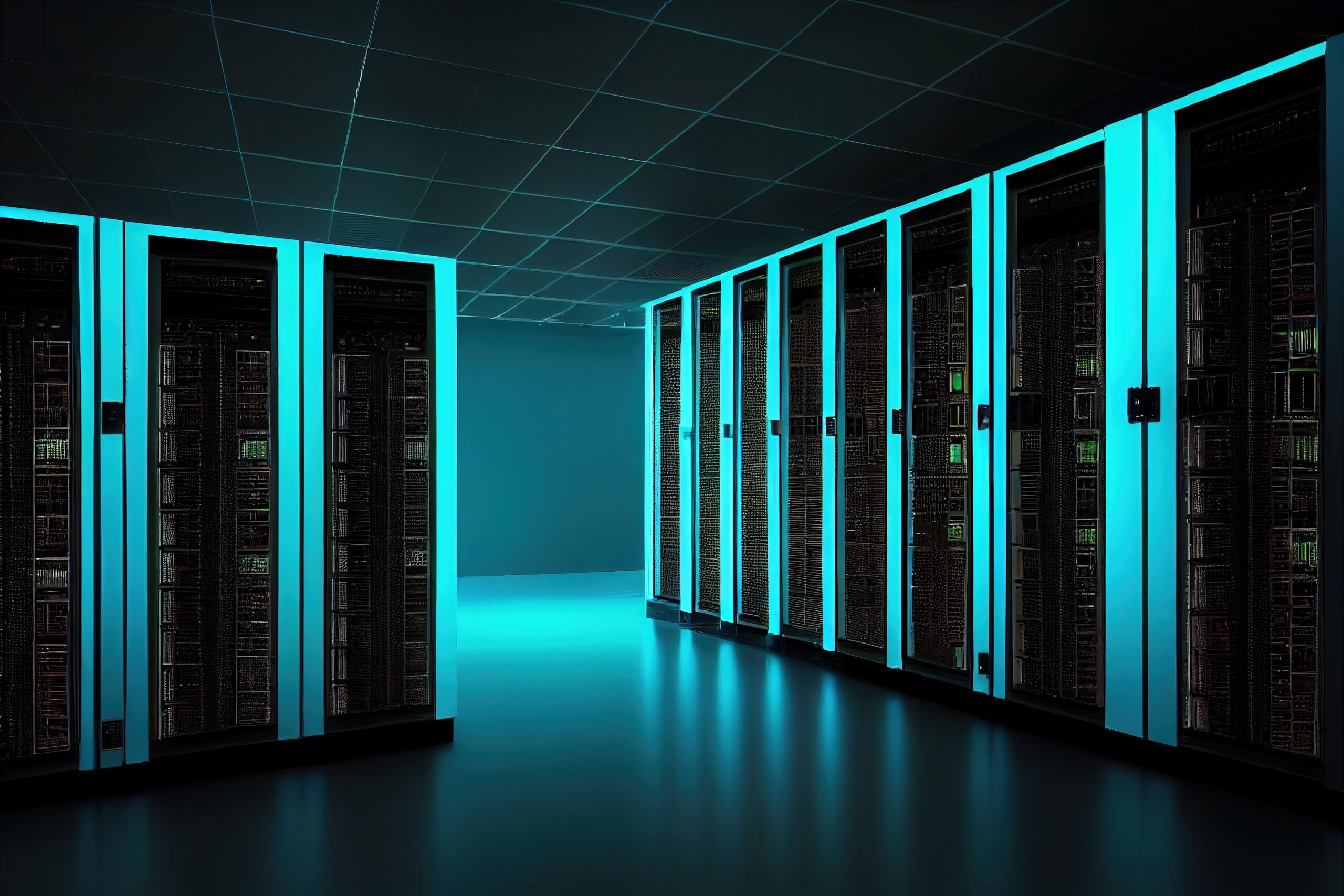 Modern secure data center rack co-location services with server cabinets in a climate-controlled facility.