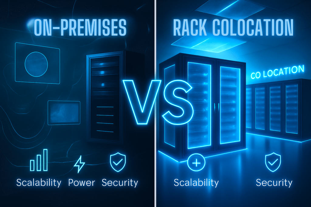 A visual representation of secure rack co-location versus office-based on-premises server rooms