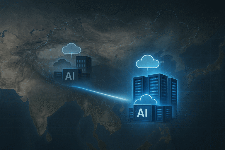 Visual showing Amazon AI lab closure in China and rise of DataVault AI infrastructure in Pakistan